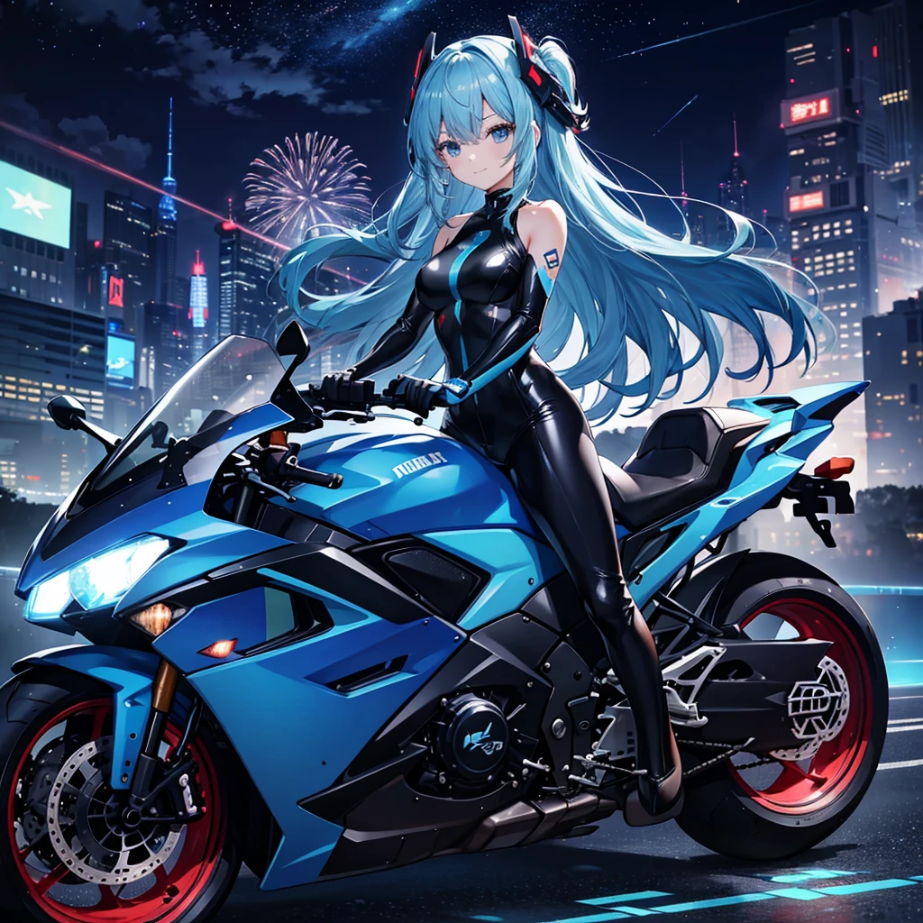 A girl riding a large blue sports bike、Patent leather riding suit、circuit、pit、blue blow hair、Asian、Futuristic City、Night view、Mirror-like floor、, Spectacular Pyrotechnics, Star mine with a large number of fireworks, Shots from a distance, Backward view, Night view, A shy smile, Bokeh effect and depth of field, High Key Light