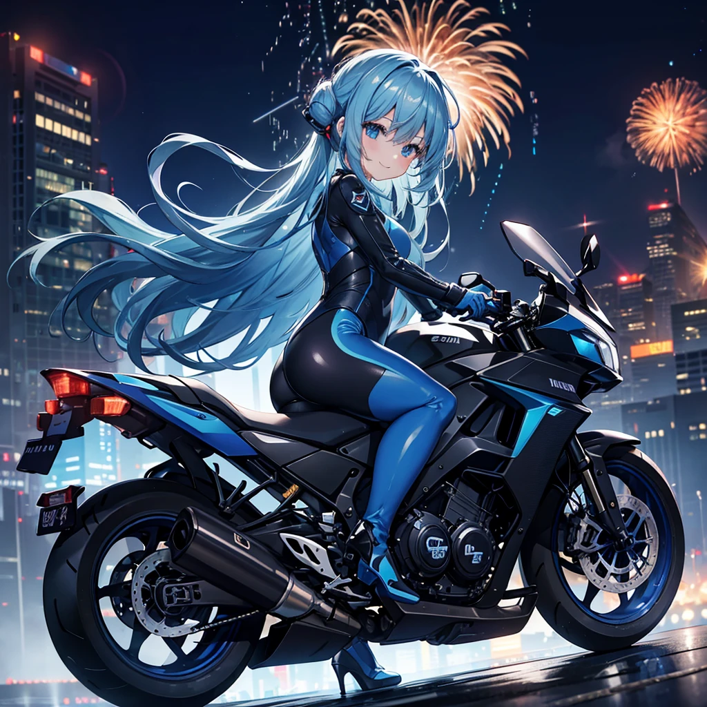 A girl riding a large blue sports bike、Patent leather riding suit、circuit、pit、blue blow hair、Asian、Futuristic City、Night view、Mirror-like floor、, Spectacular Pyrotechnics, Star mine with a large number of fireworks, Shots from a distance, Backward view, Night view, A shy smile, Bokeh effect and depth of field, High Key Light