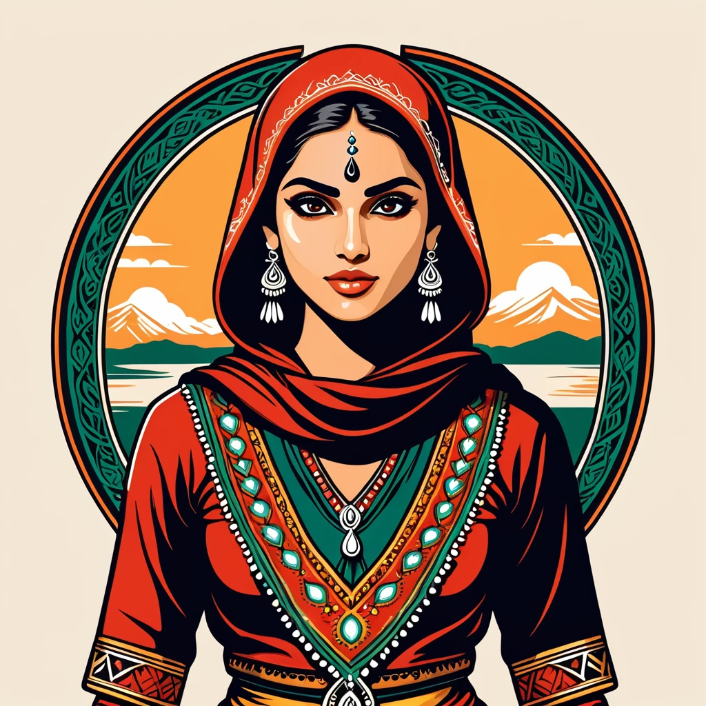 female thief in indian folk outfit, vector graphics, strong contours, logo design