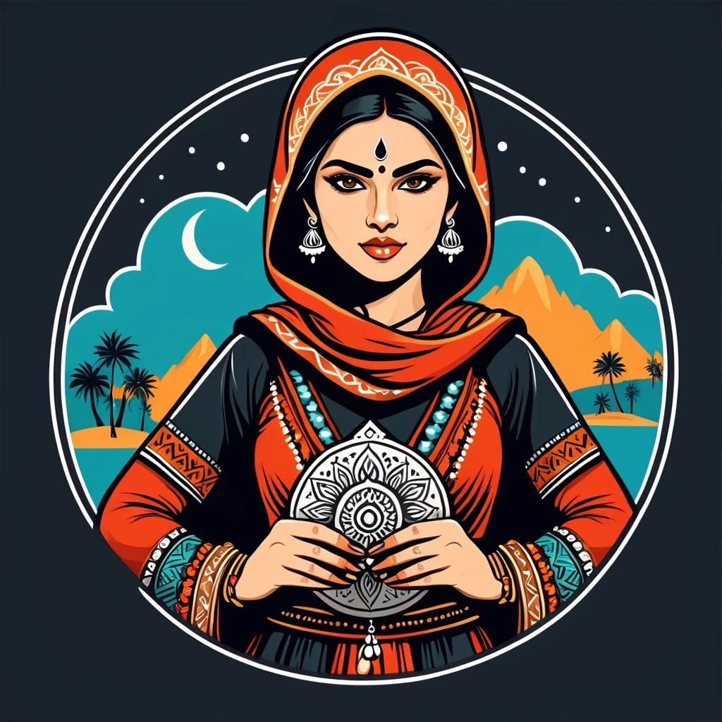female thief in indian folk outfit, vector graphics, strong contours, logo design