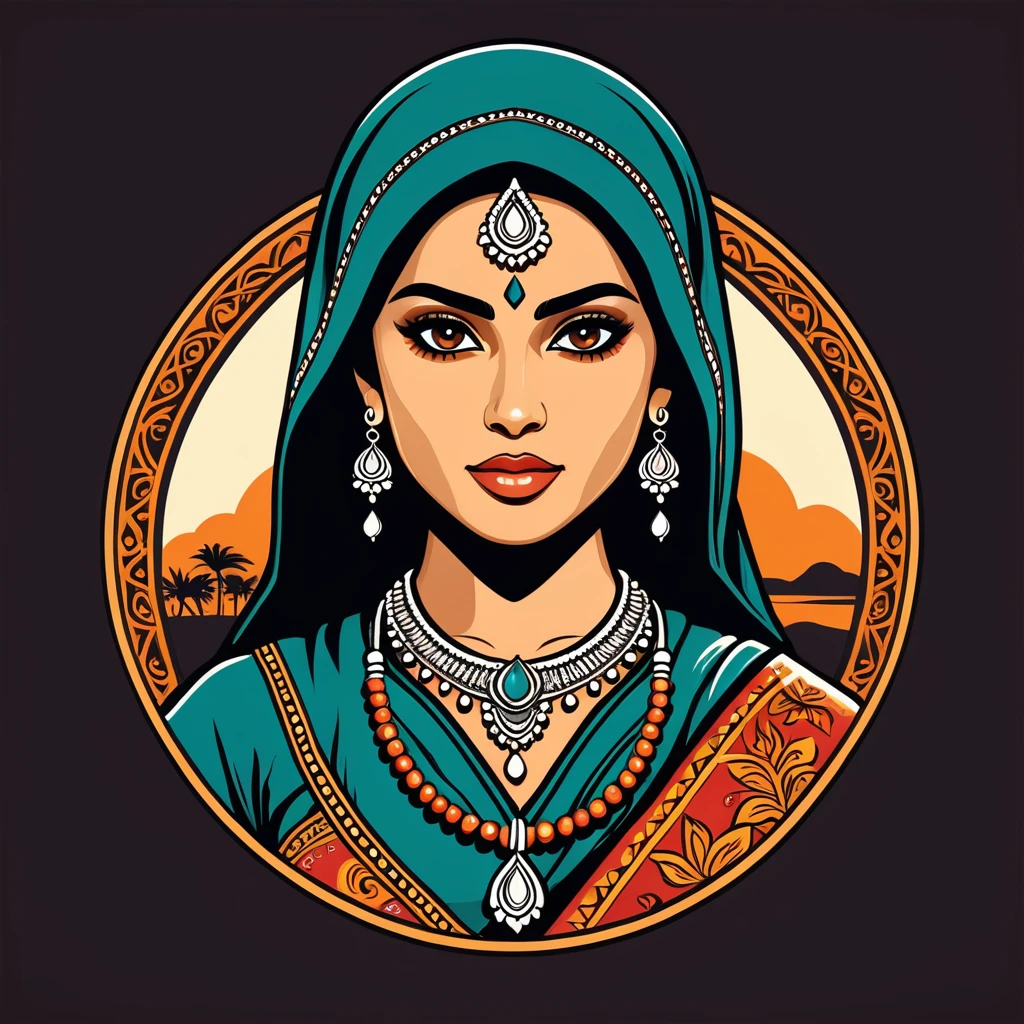 female thief in indian folk outfit, vector graphics, strong contours, logo design
