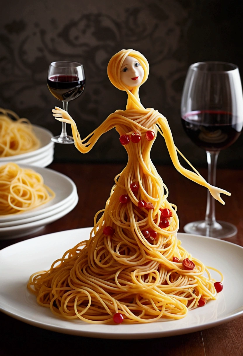 Create a whimsical and artistic scene featuring a single human-like figure made entirely of spaghetti. This figure should appear to be dancing gracefully on a plate. The background should depict a cozy kitchen setting with warm, ambient lighting, creating a romantic and intimate atmosphere. Include elements such as a glass of red wine and a beautifully set table to enhance the mood.