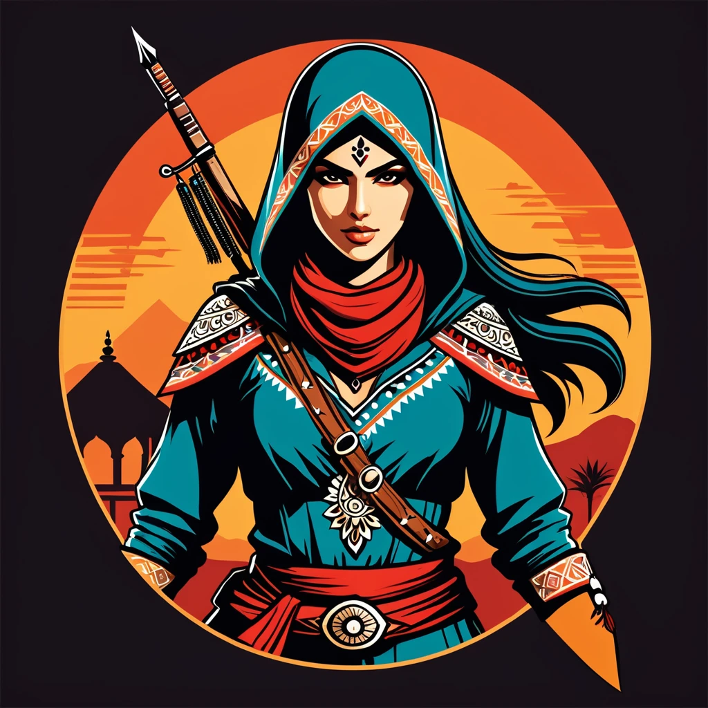 female assassin in indian folk outfit, vector graphics, strong contours, logo design
