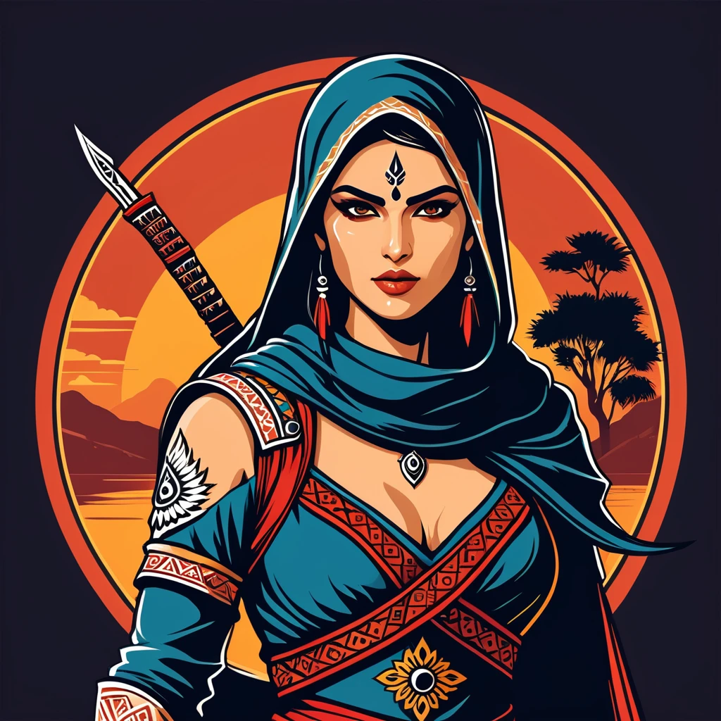 female assassin in indian folk outfit, vector graphics, strong contours, logo design