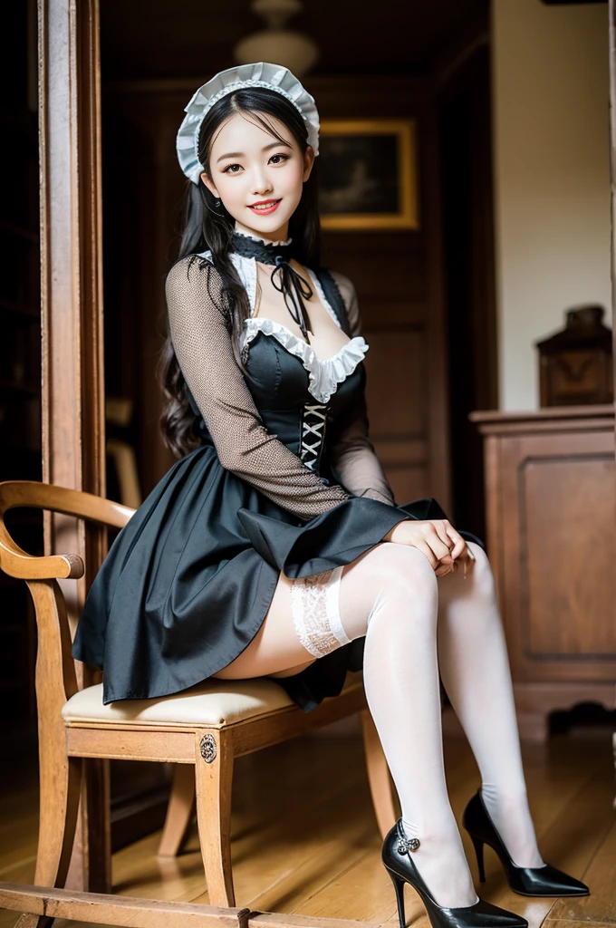 (Only one person), Pure Japanese young girl, wearing white gothic ta style dress and accessories, stockings, classical high heels, vivid makeup and lips, thick eyebrows, arranged hair styles, sweet smile, sitting, summer afternoon, professional photography,