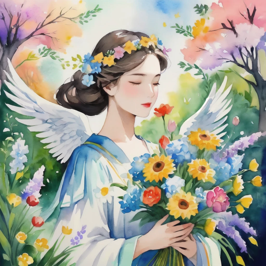 Watercolor painting of a woman with closed eyes holding a bouquet in a garden, portrait of a Beautiful angel, Beautiful angel, goddess of spring, Angel Girl, Beautiful artwork illustration, Goddess of love and peace, Flower Goddess