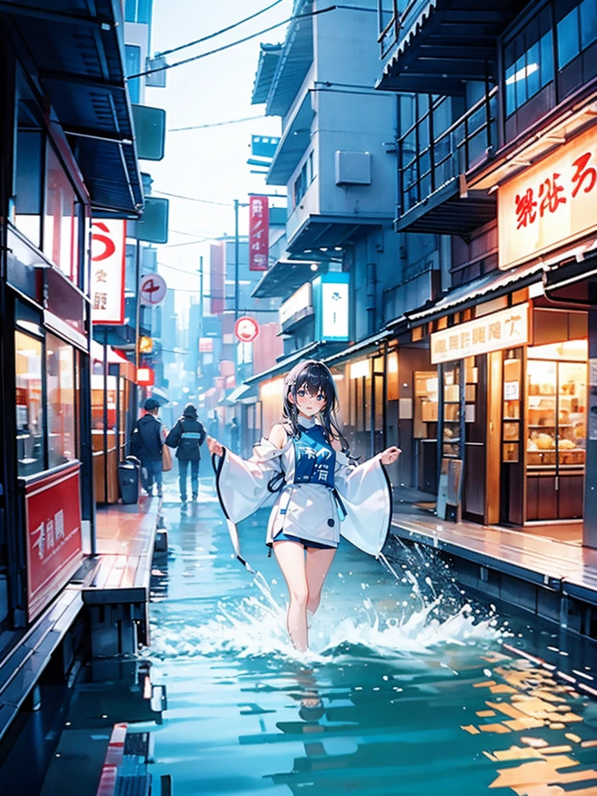 (from below:1.3), (((Emphasizing rain streaks:1.92))), (((super stormy,大型台風級of豪雨,like a rain of super typhoon:1.2)))of(((Singing and dancing wildly in the,A large crowd enjoying the Awa Odori dance:1.4))),
