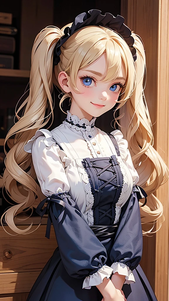 highest quality、Realistic、Women、zoom、cute、Blue eyes、blonde curly hair、Twin tails、Gothic ta、Glare、Looking down、smile、Bust Shot、Arms crossed、