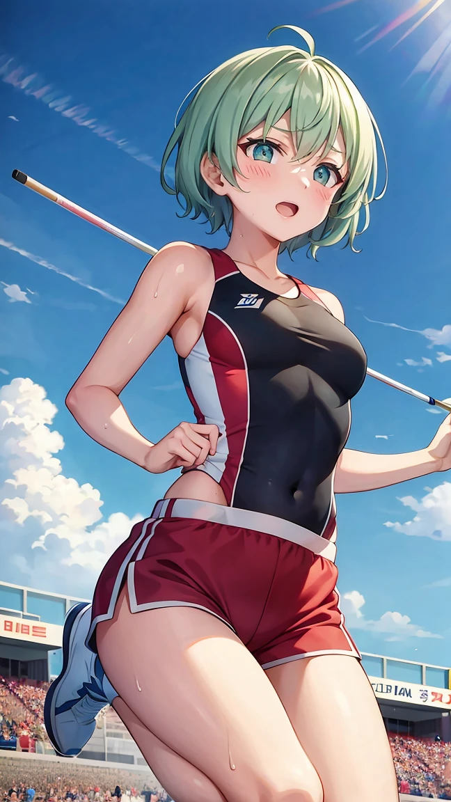 One girl,((Kaoru)),A happy look、The whole body is shown、gym、Cute leotards、Leg spread、A complete depiction of the human body,masterpiece, Highest quality, Game CG, from below,ultra detailed、highres、extremely detailed CG
