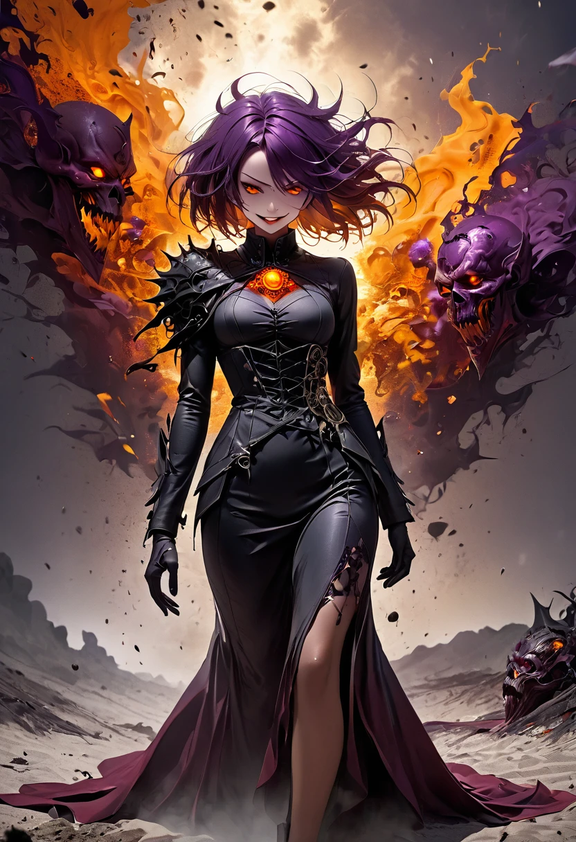 Dark and torn, ((Alone 1 Dark Malicious Underworld Woman Evil Smile, I narrowed my eyes.:1.3)), Beautiful muscular body, Intense expression, He has a gun, (The color of your clothes, warm, orange, yellow, violet: 1.3), Standing in a desolate field, Dramatic lighting, Intense Shadows, Sand Texture , High Contrast, Bright colors, Dynamic pose, Strong posture, Rough background, Explosive atmosphere, Dystopia Theme, Surreal elements, Digitally drawn illustrations, High resolution, Intricate details, Dramatic composition, Avant-garde and chaotic brushwork, Gothic style, Intense emotions, Scale Epic, born々Rough and gritty, A fascinating and provocative work of art..