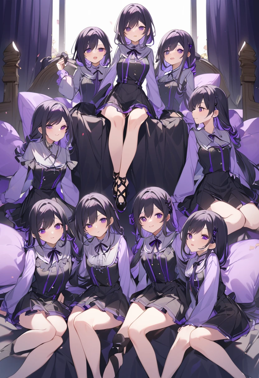 Keito。Purple hoodie。Black Skirt。Purple Eyes。Black Hair。Black shoes下。Black shoes。six sisters。They both have lavender hair。all female。Sextuplets。Purple bed