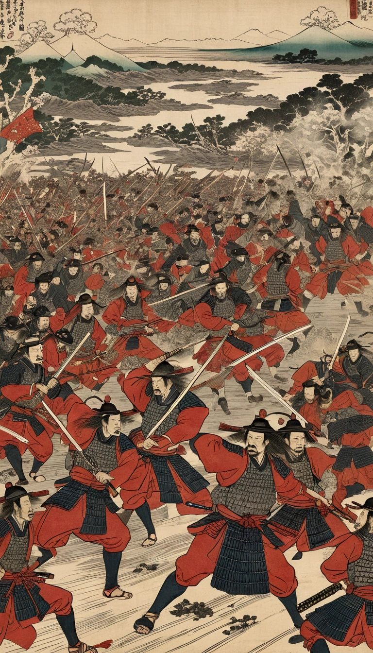 A battle scene of the Araki Murashige rebellion, with samurai fighting, chaos on the battlefield, and Oda Nobunaga's forces victorious.
