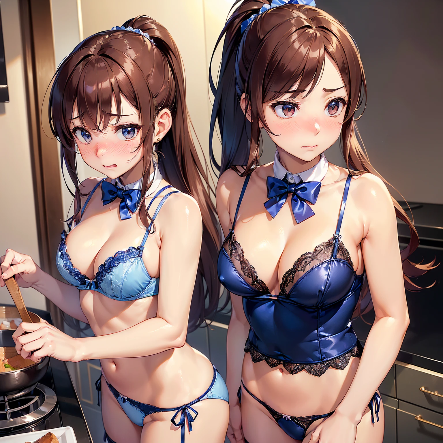 (((masterpiece, Highest quality, High resolution, 超High resolution, Perfect Pixel, Depth of written boundary, 4K, RTTX 10.0))), Beautiful Anime Woman, Beautiful art style, Anime characters, ((Smooth texture, Realistic texture, Anime CG Style)), Exact finger count、Exact number of legs、(Exact number of arms:1.0, Exact number of hands:1.0), (Perfect hands, Perfect Anatomy), Cinematic, Realistic, Extremely detailed CG, Daytime lighting, Perfect lighting, Best Shadow, The best natural light, whole body, Perfect body, バランのとれたPerfect body, Perfectly balanced style, Slender body, ((Long Hair, bangs, Reddish brown hair, ponytail)), ((A cute adult woman is cooking:1.8)), (pussy juice:1.5), ((Bow tie around neck:1.3), (Sexy and cute blue underwear:1.3), (Stylish shiny blue satin panties, Side-tie panties, Panties with plain blue center and lace decoration on the sides:1.3), (Thin panties:1.3), (Blue micro lace satin bra, Blue bra with lace trim, Thin bra:1.3), (garter belt, Garter Strings, Knee socks:1.3):1.3), (Beautiful big , Cleavage:1.1), (Embarrassed expression:1.7), blush, (Stylish kitchen, In the middle of cooking, Dishes lined up in the kitchen:1.5), naked, In underwear, (A maid-like frilly headband:1.1), Angle from the front