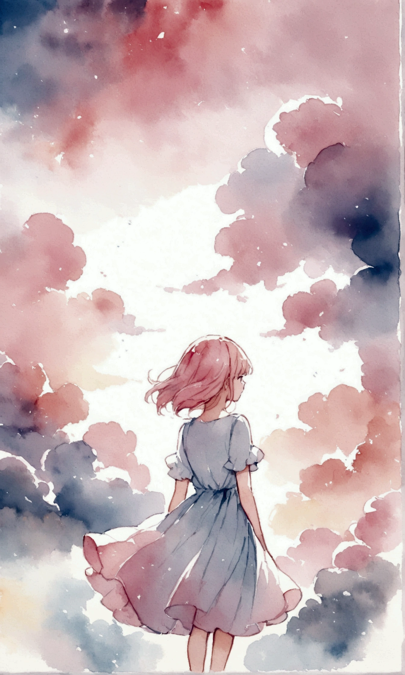 Watercolor,Light blue and pink,A girl with a shining white outline