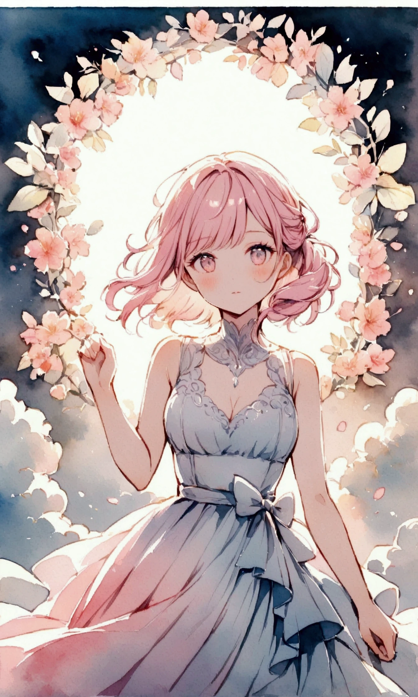 Watercolor,Light blue and pink,A girl with a shining white outline