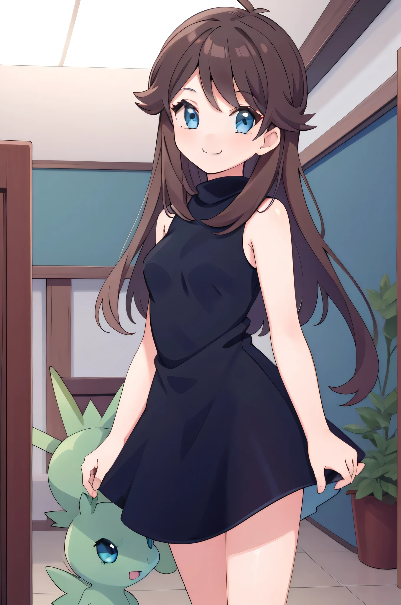 (masterpiece, best quality), intricate details, 1girl, green (pokemon), brown hair, blue eyes, looking at viewers, standing up straight, sleeveless black dress, smile, indoor
