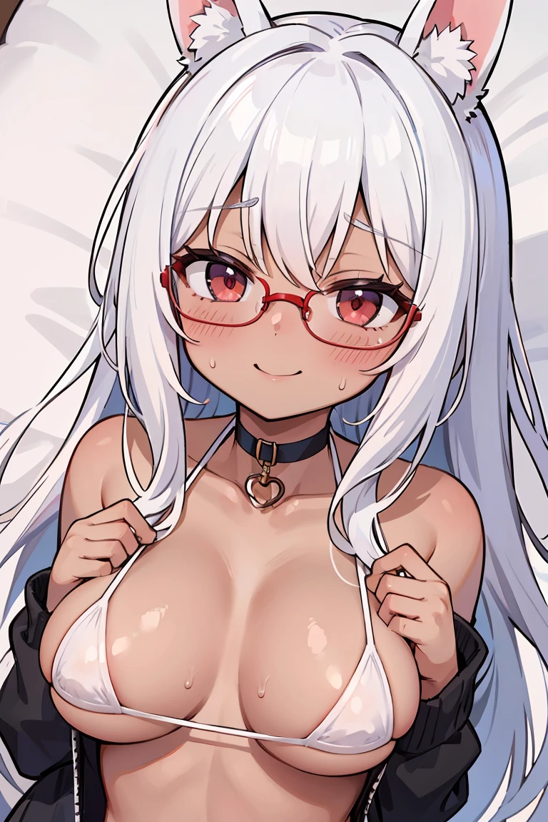 大人のwoman,1 person,,,chest,Pointed chest,chestの谷間,Underbust,Side Bust Barbosa,(Wicked Smile),((Embarrassing)),Glasses,Spread and masturbate(((White Micro Bikini))),((大きなchest)),round 1((View from above))Upper body close-up,A masterpiece of the bed,Highest quality,woman,大きなchest,Shiny_skin,Sweat,Anime Color,,Browsing Caution,On the bed,girl,Very long hair,Swept-apart bangs,((white and bright hair)),Curly Hair,Heart-shaped_student,how,((animal),star👁️🗨️,Rabbit_brown_ear,choker,((dark skin)),Red eyes,cigarette,