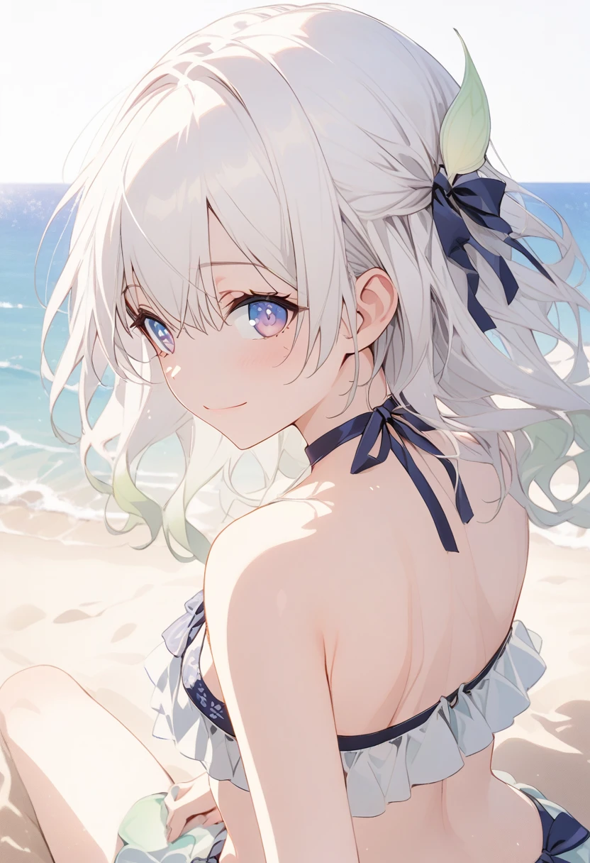 score_9,score_8_above,score_7_above, Firefly, light smile,Alone, long white hair, medium chest, wearing a sexy purple ruffled bikini, resting in the sand, back view, looking back,