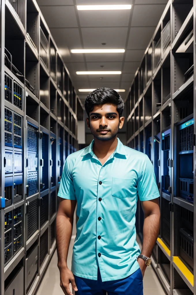 28 year old Indian boy with glow skin and narrow body posing for a teams picture for formal data center in background.