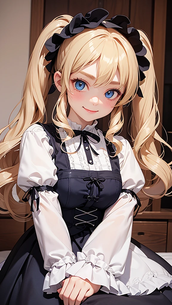 highest quality、Realistic、Women、zoom、cute、Blue eyes、blonde curly hair、Twin tails、Gothic Lolita、Glare、Looking down、smile、Bust Shot、Arms crossed、