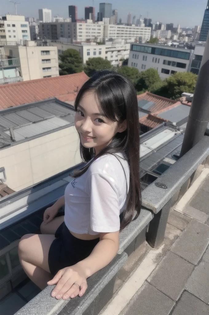 best quality, masterpiece, RAW photo,ultra-detailed,Korean 1girl ,looking at viewer, smile,rooftop, from above, city, casual,