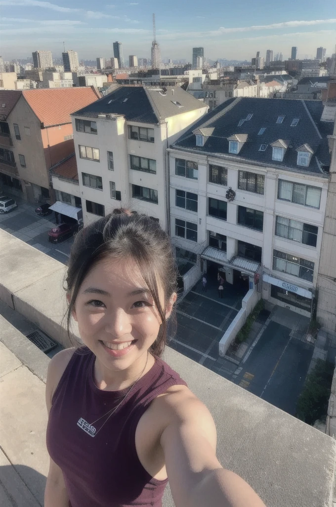 best quality, masterpiece, RAW photo,ultra-detailed,Korean 1girl ,looking at viewer, smile,rooftop, from above, city, casual,