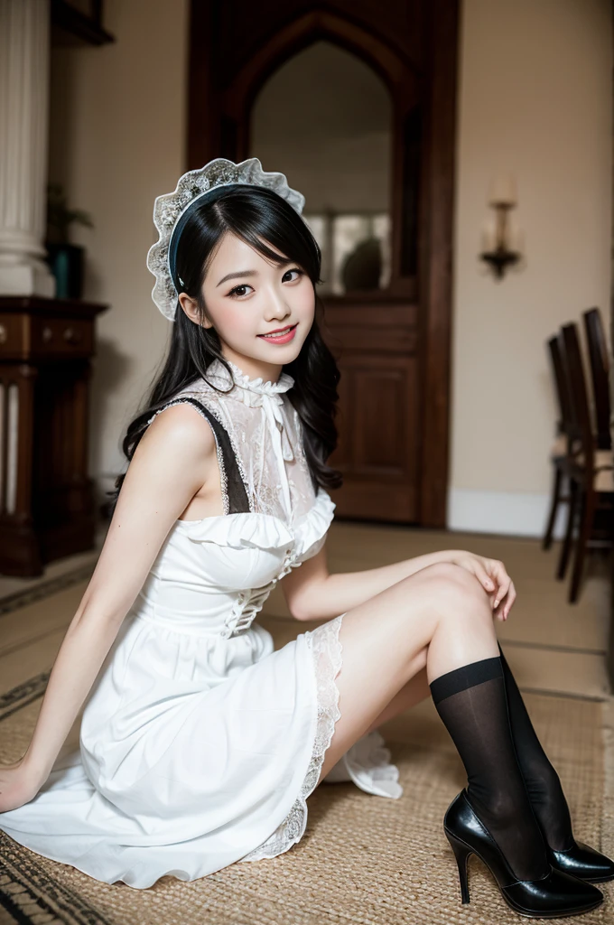 ((1gril)),face to face, wear a white dress, nighttime, midnight, dark, RTX, photorealistic lighting, photo taken in ancient japan, extremely detailed flowing hair, realistic hair, realistic shadows, absurdres, hyperdetailed, 4k, (black eyes), (beautiful girl: 1.4), (masterpiece),Ultra Detail, (Best Quality), (Ultra High Definition), (Masterpiece), Photorealistic:1.3, smiling, balanced pupil, symmetical pupil and iris,chromatic_aberration:0.8, dynamic_color_range, lens_distortion:0.7, (sitting:1.3),((Delicate hand)), from side,full body, <lora:Japanese maid dress v4_20230708143241:0.75> , apron,skirt,maid headdress,looking at viewer,high heels,smile,sitting in a bathroom, <lora:add_detail:0.5>