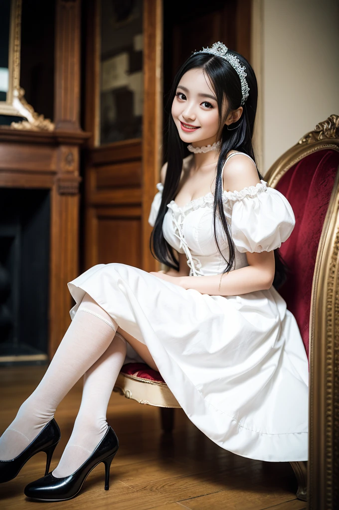 (Only one person), Pure Japanese young girl, wearing white gothic Lolita style dress and accessories, stockings, high heels, vivid makeup and lips, thick eyebrows, arranged hair styles, sweet smile, sitting in antique gothic style interior, summer afternoon, pop atmosphere, dazzle me, professional photography,