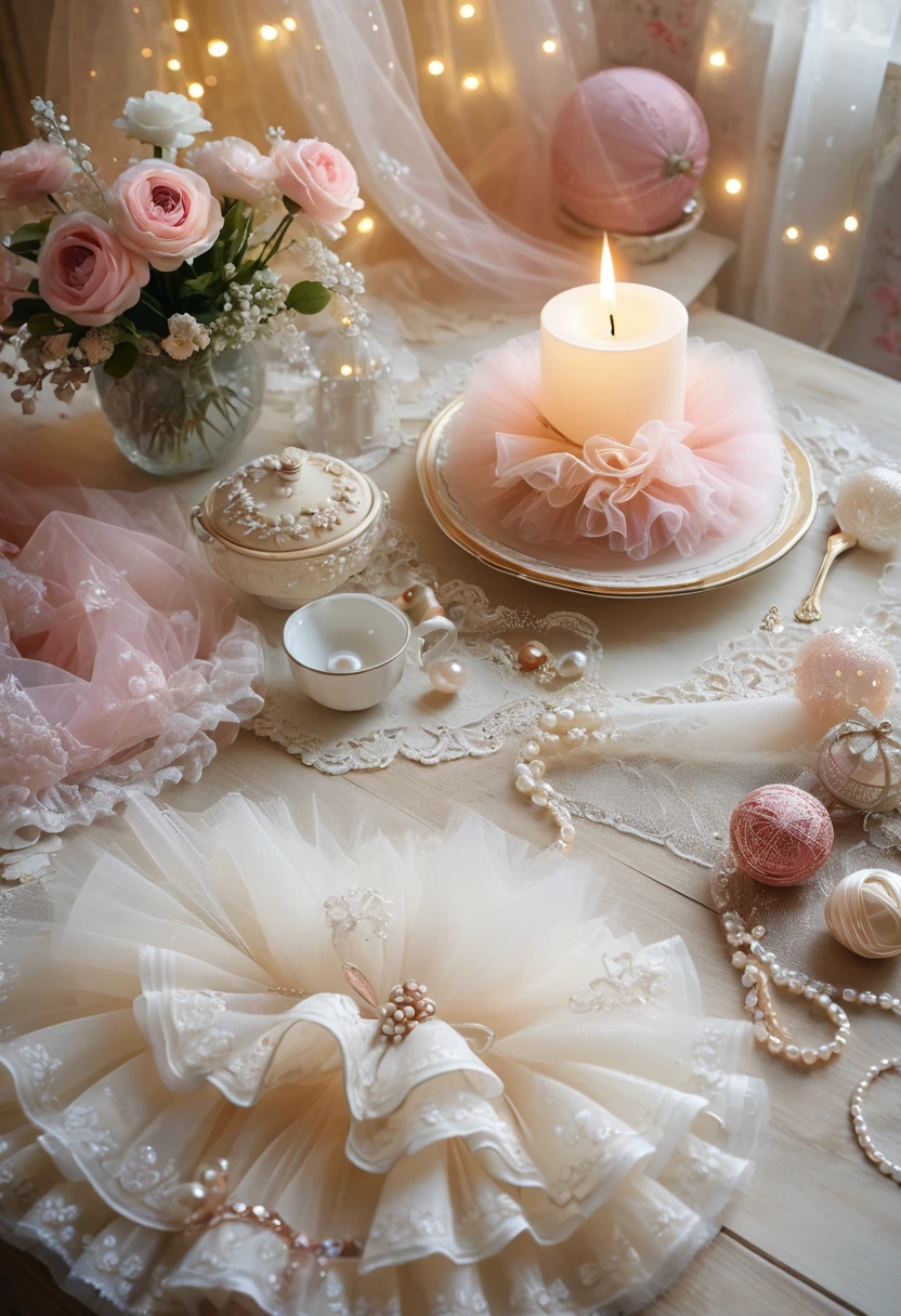 ((background only)),Overhead shot,(((masterpiece))), (((Highest quality))), ((Super detailed)), ((非常にdelicateで美しい)), (最高masterpiece:1.4),delicate,8k,((Frills:1.5))((Beautiful layered tulle wallpaper))((Generate cloth only:1.4)),(Zooming in on the tulle fabric that fills the entire screen:1.4)Collage fabric,ghostwhite,Lots of tulle,Fairy tale,ribbon,Pearl ornament,Glitter ornaments,doily,(Shabby chic),Cute atmosphere,Soft atmosphere