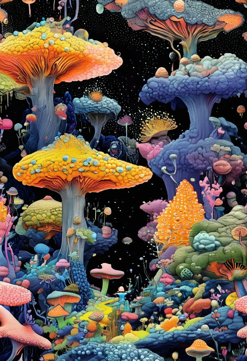 Strong visual fusion of multiple elements，Broto，Artists from the stars，密集Pointillism method。Smooth lines。Strange illustration。Pointillism method。Trypophobia。Strong contrast。Award-winning works。Dark background。