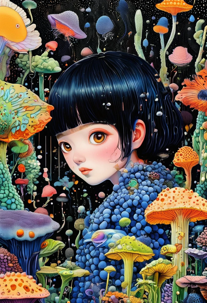 Strong visual fusion of multiple elements,Broto,Artists from the stars,密集Pointillism method。Smooth lines。Strange illustration。Pointillism method。Trypophobia。Strong contrast。Award-winning works。Dark background。