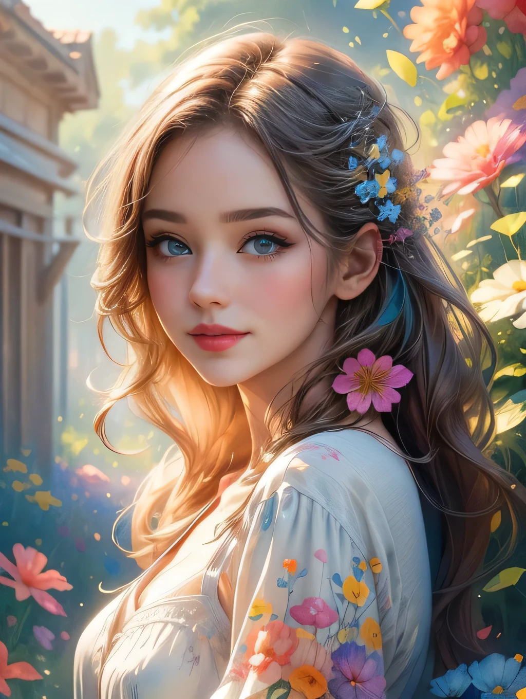 masterpiece, top quality, detailed, beautifully rendered, beautiful, watercolor, watercolor, light colors, young woman, surrounded by colorful flowers, upper body, pretty smile, bobbed hair, beautiful blue eyes, glossy lips, upper body shot, soft surface, 4K graphic,