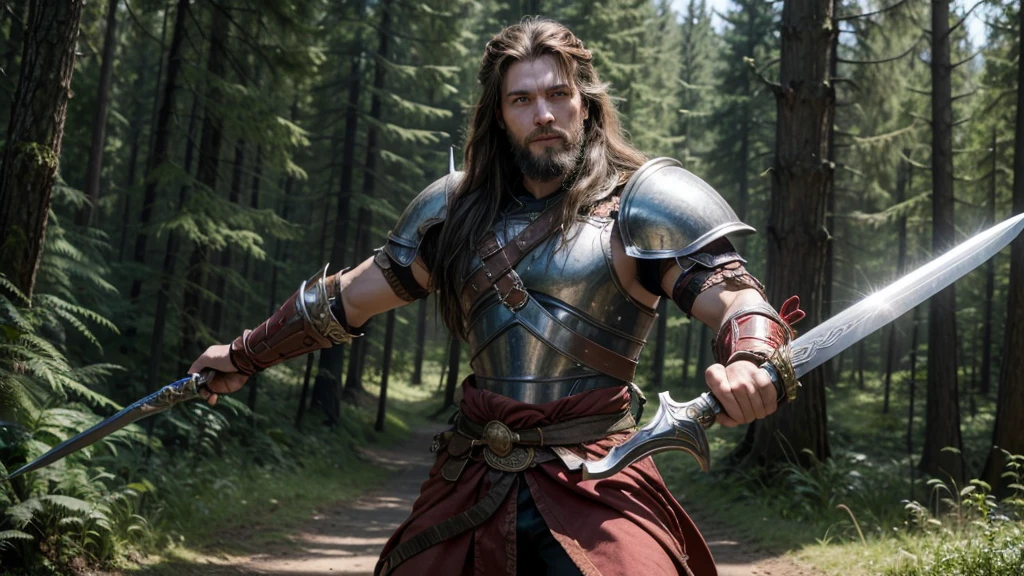 A human warrior man, 6'4 , approximately 209lb, slender body, with brown eyes, long and tied hair, little beard, a scar on his face, wearing a beautiful silver armor, with a symbol on the armor of a lion, a red cloth tied to his right arm, holding a sword like his two hands, shining sword with blood running down, smiling. He striking a pose, with a forest in the background.
