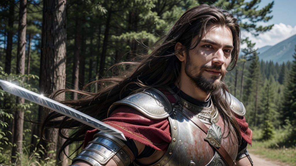 A human warrior man, 6'4 , approximately 209lb, slender body, with brown eyes, long and tied hair, little beard, a scar on his face, wearing a beautiful silver armor, with a symbol on the armor of a lion, a red cloth tied to his right arm, holding a sword like his two hands, shining sword with blood running down, smiling. He striking a pose, with a forest in the background.