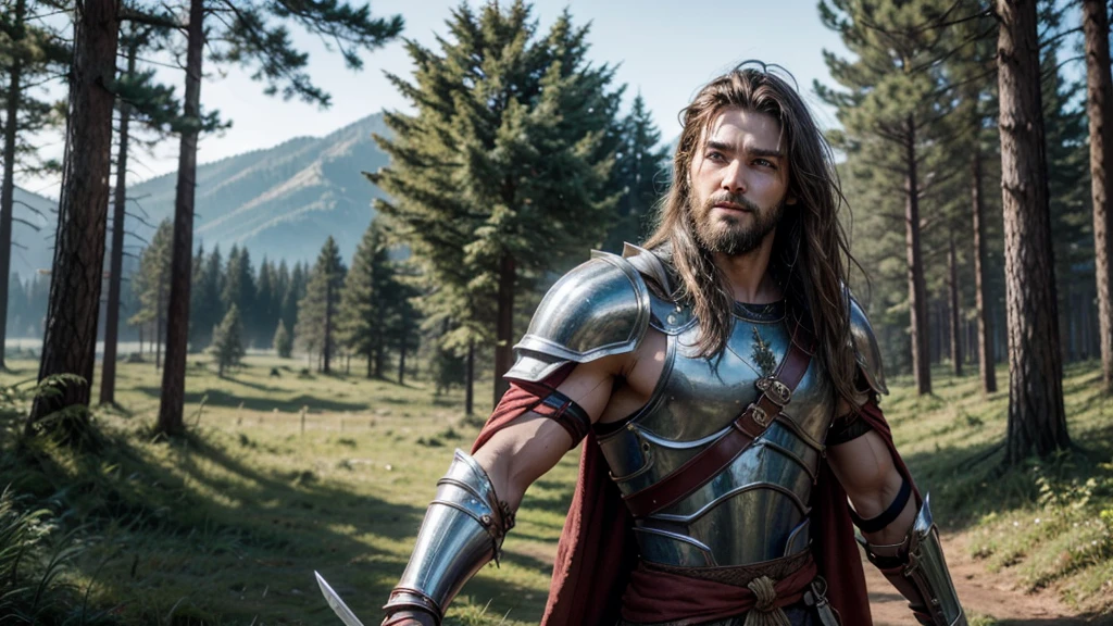 A human warrior man, 6'4 , approximately 209lb, slender body, with brown eyes, long and tied hair, little beard, a scar on his face, wearing a beautiful silver armor, with a symbol on the armor of a lion, a red cloth tied to his right arm, holding a sword like his two hands, shining sword with blood running down, smiling. He striking a pose, with a forest in the background.

