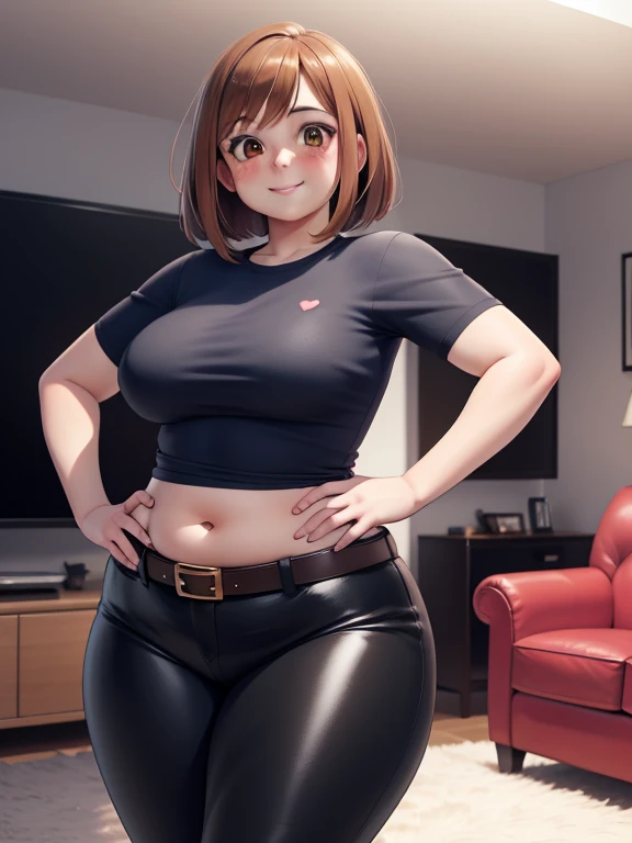 high quality, best quality, beautiful, perfect lighting, detailed face, mature face, ((1girl)), ((solo)), Imagine Ochaco Uraraka as an adult, 45 years old, MILF, plus sized milf, short brown hair, brown eyes, ((blush)), smile, looking at viewer, black leather pants, dark blue shirt, white belt, white heels, ((medium breasts)), wide hips, thick thighs, chubby, love handles, muffin-top, round belly, protruding gut, living room, hands on hips,
