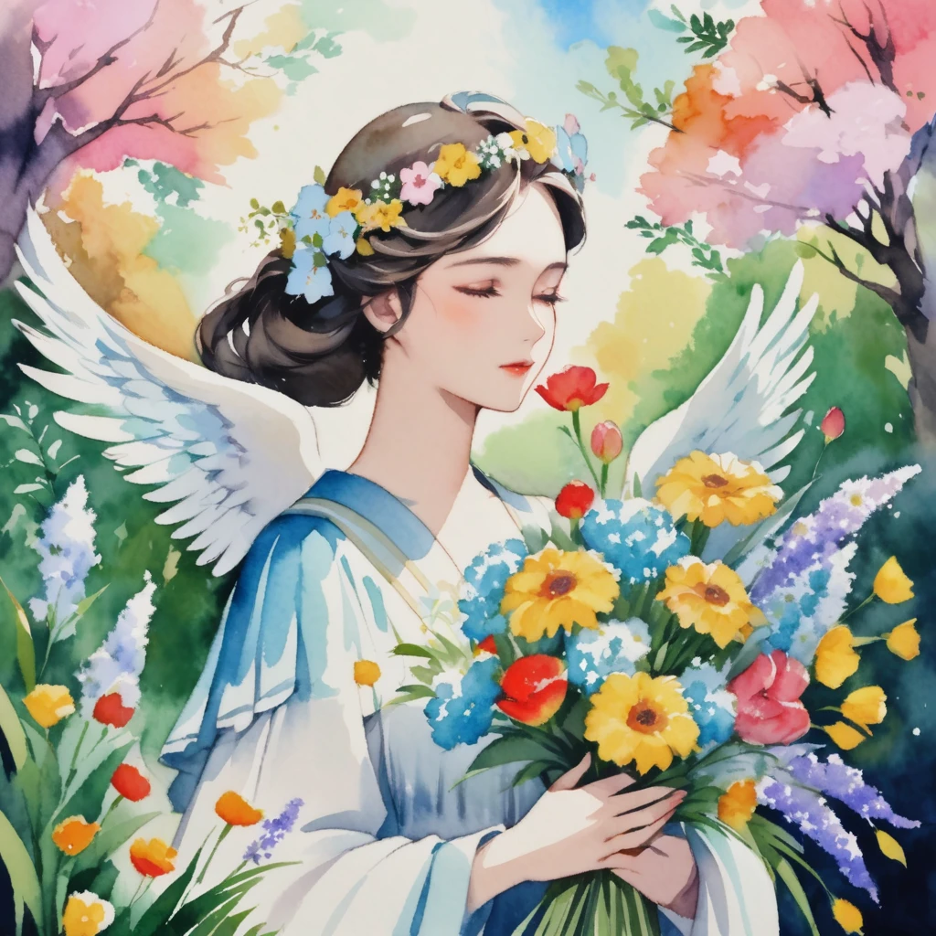 Watercolor painting of a woman with closed eyes holding a bouquet in a garden, portrait of a Beautiful angel, Beautiful angel, goddess of spring, Angel Girl, Beautiful artwork illustration, Goddess of love and peace, Flower Goddess