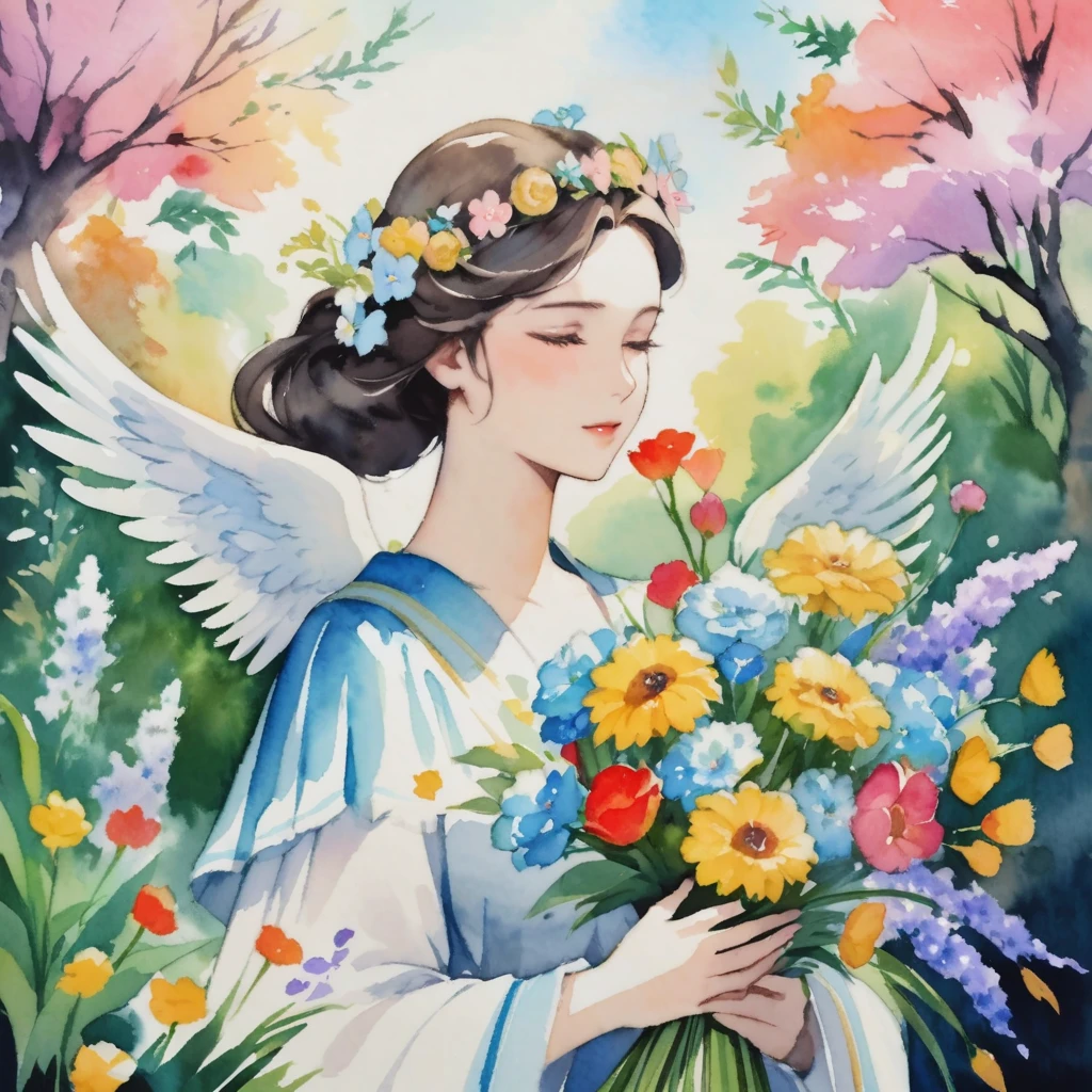 Watercolor painting of a woman with closed eyes holding a bouquet in a garden, portrait of a Beautiful angel, Beautiful angel, goddess of spring, Angel Girl, Beautiful artwork illustration, Goddess of love and peace, Flower Goddess