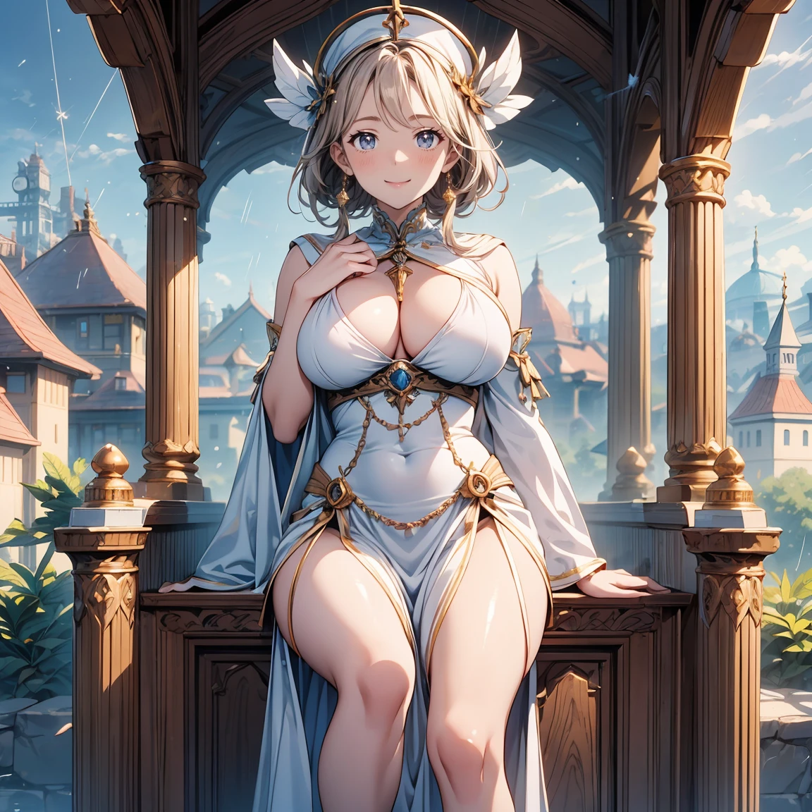 Highest quality, Super detailed, (Ultra-high resolution,8k), Ultra-high definition 4K, (Perfect Anatomy, Anatomically correct), (Three innocent sisters), (Priestess of the Sky), (A peaceful moment), (High-quality facial beauty), (sky bridge), (Photorealistic), (Detailed big breasts), Soft Skin, Glowing Skin, Bright lighting, 非常に激Shii雨, colorful, god々Shii, A sparkling smile