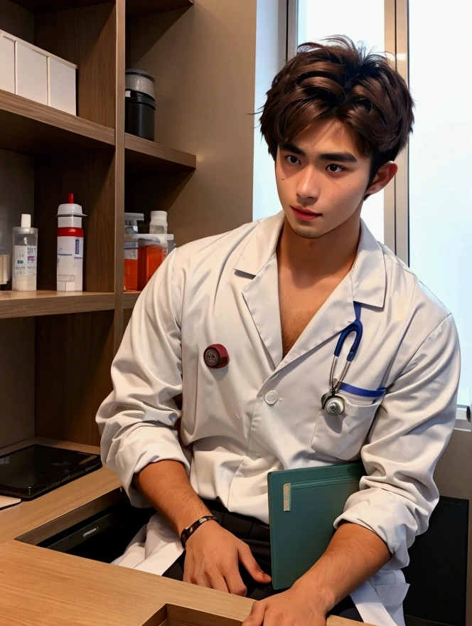 Medium shot,Medicine student,กอดอก ,2nd year , cool , hunk, 22 year old,tan skin,(messy brown hair),goat beard ,handsome , in university