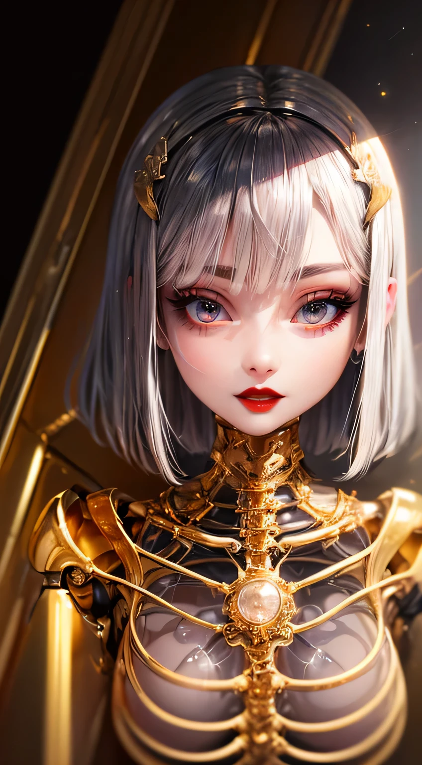 highest quality, masterpiece, High resolution, (Exquisite body: 1.5), Gorgeous face, (metal skin: 1.3), Intricate details, High resolution, wallpaper, whole body,
whole bodyショット, 1 Girl, Transparent robot body, Naked skeleton, tied to a transparent tube, (((((Gold and silver body parts)))), Pretty, beautiful, perfect face, Big eyes, Silver floating hair, Natural pose,
16k, High resolution, High Resolution, Depth Field, (Film Grain: 1.1), Book, Golden Hour, (Lens flare), Vignette, rainbow, (Color Grading: 1.5)