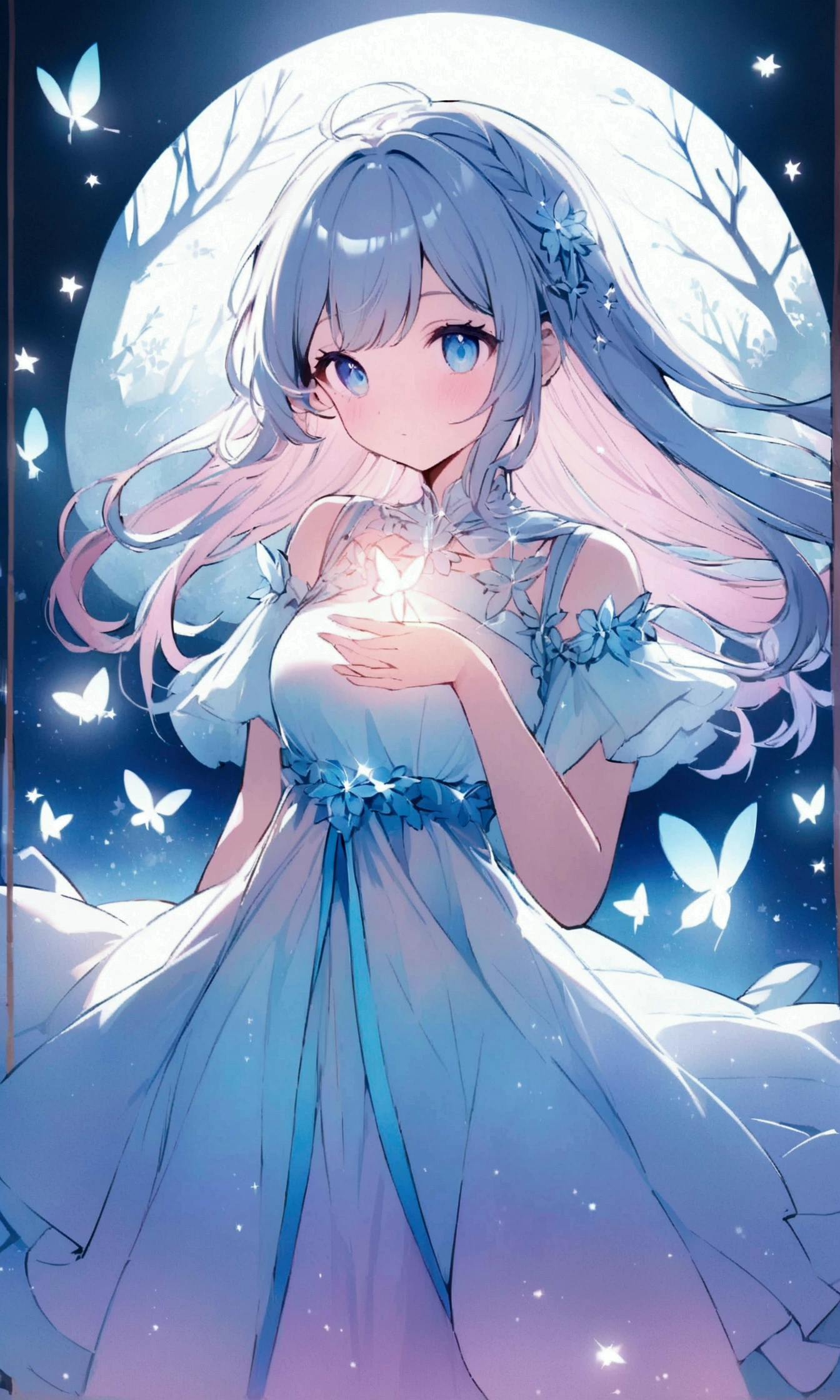 Create an anime-style digital illustration of a young woman。pastel colour,She sparkles in the reflected light、She should be wearing a white loose dress.。Background、The pale pink and blue colors are fantastic.、It creates a dreamlike atmosphere。To enhance the magical atmosphere of the scene、Includes elements such as delicately glowing butterflies and sparkling light effects.。Lighting highlights the character's features、Adds a soft glow to the surroundings, creating a calm and enchanting atmosphere.。.bioluminescent dress