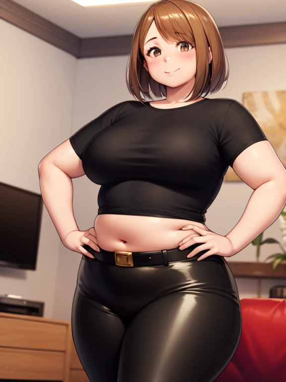 high quality, best quality, beautiful, perfect lighting, detailed face, mature face, ((1girl)), ((solo)), Imagine Ochaco Uraraka as an adult, 45 years old, MILF, plus sized milf, short brown hair, brown eyes, ((blush)), smile, looking at viewer, black leather pants, dark blue shirt, white belt, white heels, ((medium breasts)), wide hips, thick thighs, chubby, love handles, muffin-top, round belly, protruding gut, living room, hands on hips,
