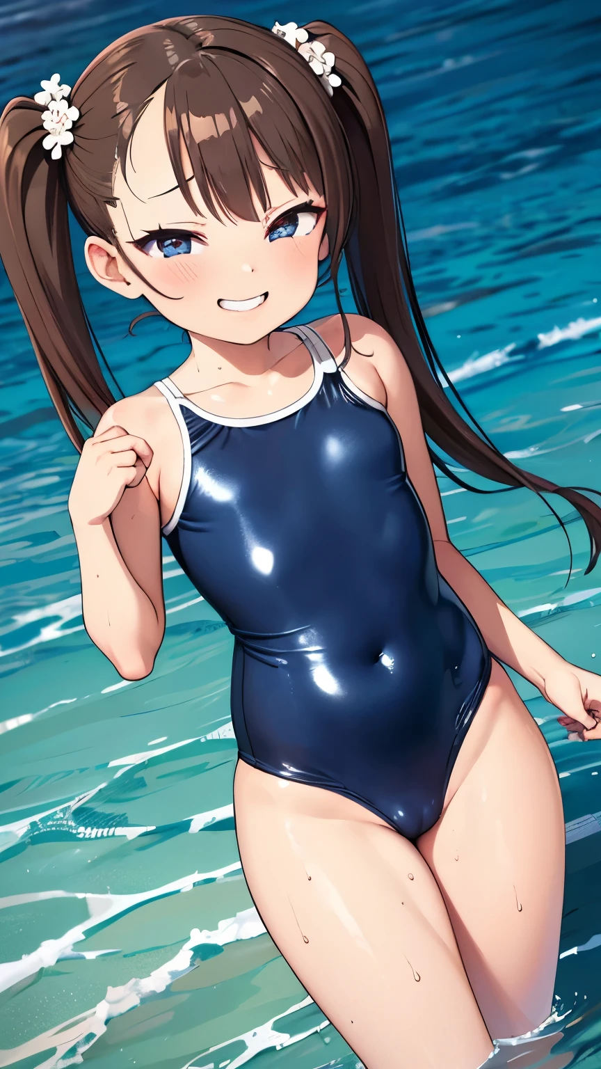 ((school swimsuit)), Highly detailed glossy skin, Dark blue one-piece swimsuit, (Swimsuit with wet and shiny details: 1.2),
very long twin tails, brown hair,
evil grin, Crab crotch, Extensive_feet,