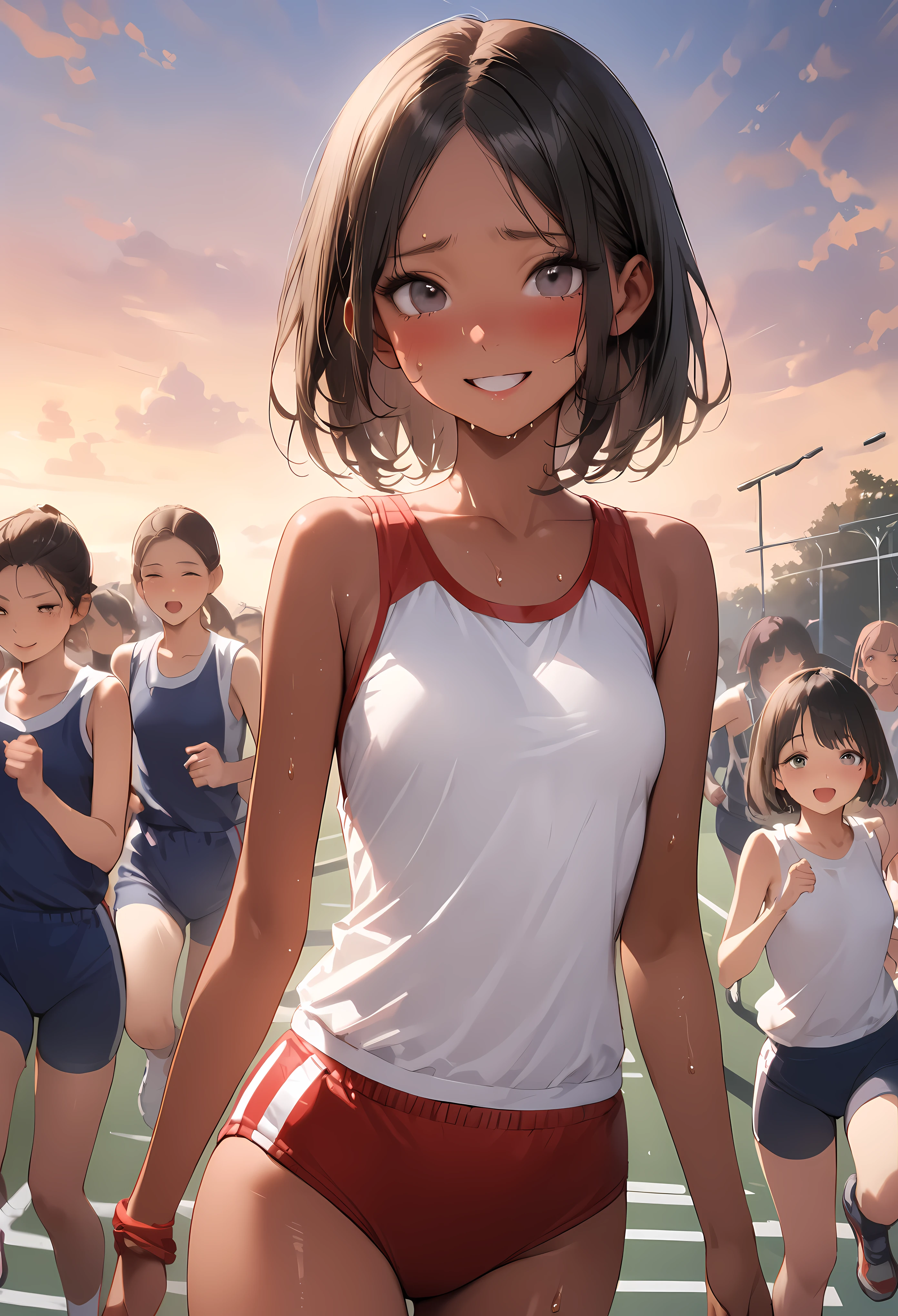 ((masterpiece,Highest quality:1.3,best quality illustration)),((realistic:1.2)),cowboy shot,solo,1woman,18 year old beauty、black hair,short bob hair,(center parted bangs),black eyes,(gorgeous big eyes),((very small head:1.4)),shy,smile,((slender body:1.2,skinny)),(tan skin:1.4),small breasts,(White tank top、school gym red buruma),gleaming skin,oily skin,slender body,sweat,Long-distance running,playground、Schoolyard、School、Tokyo、