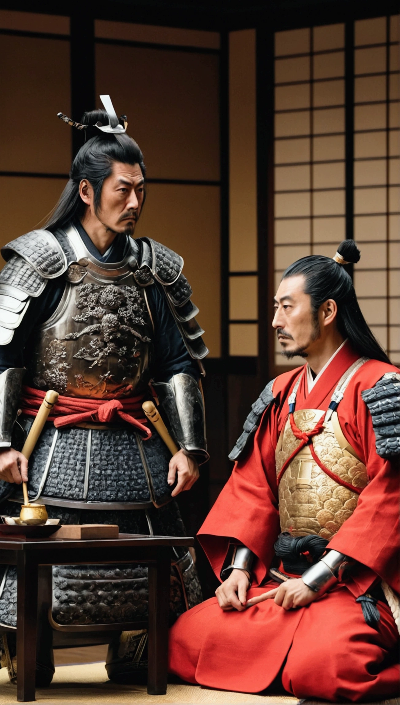 Oda Nobunaga and Saito Dosan in a tense political meeting, traditional Japanese setting, both figures dressed in their respective armors.