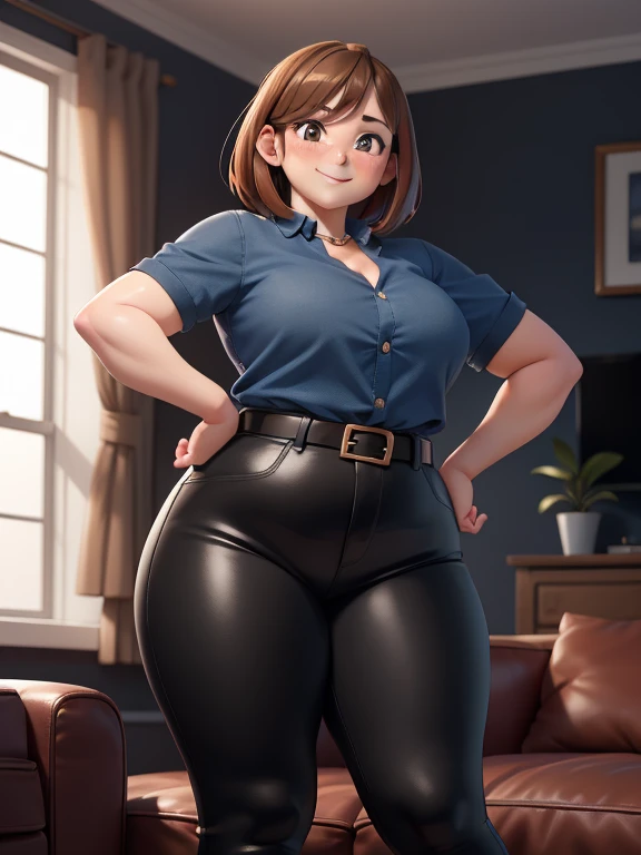 high quality, best quality, beautiful, perfect lighting, detailed face, mature face, ((1girl)), ((solo)), Imagine Ochaco Uraraka as an adult, 45 years old, MILF, plus sized milf, short brown hair, brown eyes, ((blush)), smile, looking at viewer, black leather pants, dark blue shirt, white belt, white heels, ((medium breasts)), wide hips, thick thighs, chubby, love handles, muffin-top, round belly, protruding gut, living room, hands on hips,
