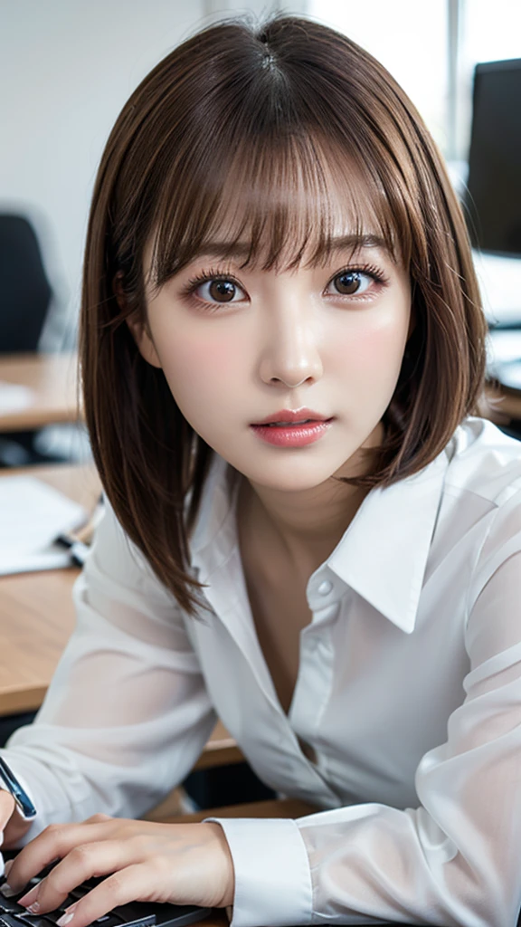 Tabletop, Highest quality, Very detailed, finely, High resolution, 8K Wallpaper, Perfect dynamic composition, beauty、、Tap on the shoulder、Beautiful and detailed,Small face、Pure girl、thin、Thin body、thin、White business shirt、Natural color lip,office, Get to your desk、A lot of paperwork on the desk,、Operate a computer and do work、Hit the keyboard、My eyes are on the desktop、 Brown Hair、Short Bob、bangs、Beautiful breasts,thin体型、 Stern expression、