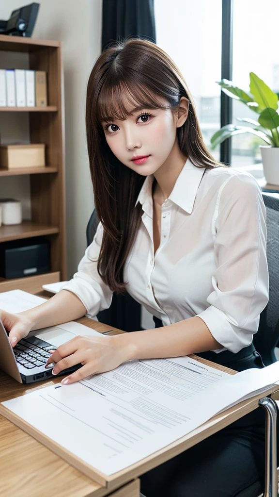 Tabletop, Highest quality, Very detailed, finely, High resolution, 8K Wallpaper, Perfect dynamic composition, beauty、、Tap on the shoulder、Beautiful and detailed,Small face、Pure girl、thin、Thin body、thin、White business shirt、Natural color lip,office, Get to your desk、A lot of paperwork on the desk,、Operate a computer and do work、Hit the keyboard、My eyes are on the desktop、 Brown Hair、Short Bob、bangs、Beautiful breasts,thin体型、 Stern expression、