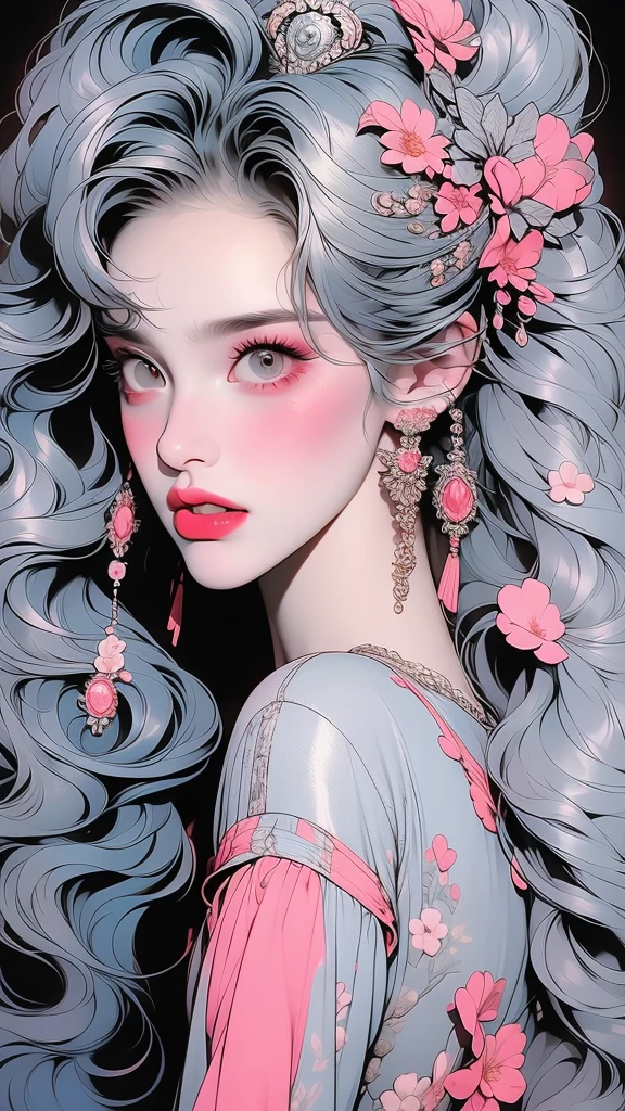 Create a digital art work in pop art style, featureing a vibrant and confident woman with bold makeup and colorfull fashion, cinematic color scheme, surrounded by vintage flowers patterns, energtic brushstrokes,the mood should be dynamic, upper body, drawing, illustration, grayscale